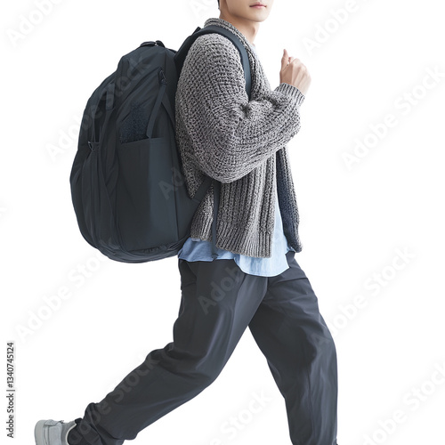 A young Japanese man is carrying an all-black backpack, walking sideways with his right hand raised and one foot raised to show off his shoes isolated on transparent background