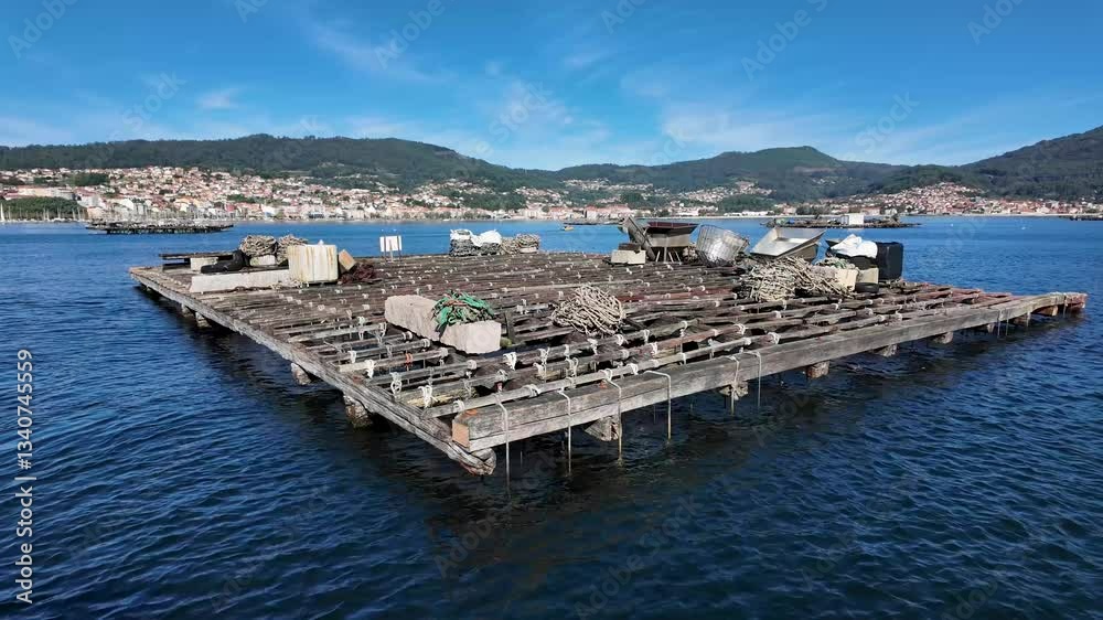Sea Rias Bateas traditional aquaculture platform to cultivate mussels in the sea ...