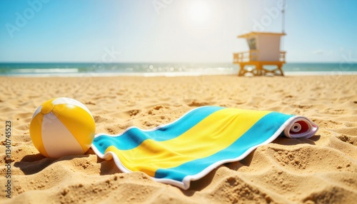 Colorful beach towel and ball on sandy shore, summer relaxation