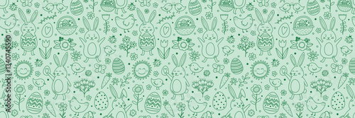 Easter seamless pattern with cute hand drawn bunny, eggs, chick and flower. Cartoon style background. Vector illustration