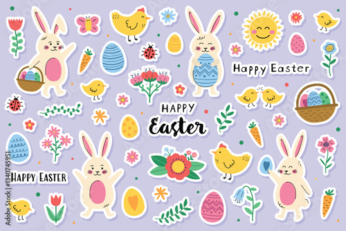 Collection of Easter stickers: bunny, chick, egg and flowers. Cute cartoon style elements. Vector illustration