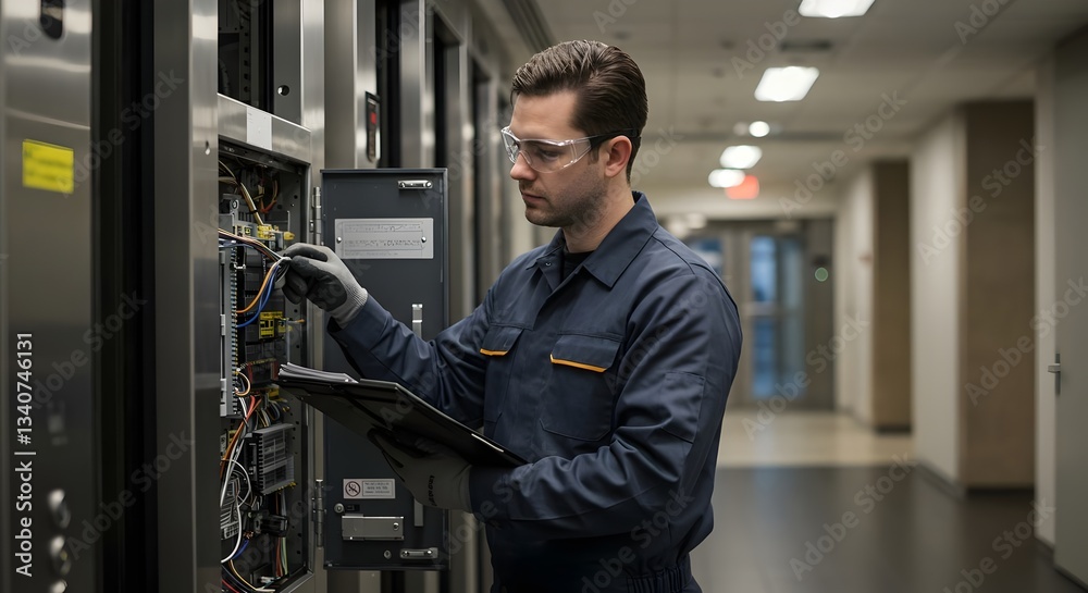 Professional Elevator Technician Inspecting Control Panel in a High-Rise (Industry) Professional Elevator Technician Inspecting Control Panel in a High-Rise (Industry)