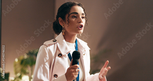 Obraz na plátně Woman, presentation and talking at convention with microphone, speech and discussion at workshop