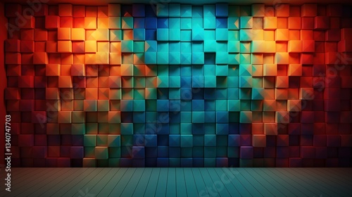 Colorful illuminated wall with cubic relief creating an abstract background. Ai generative