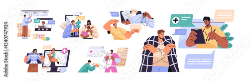 Concept set of online medicine, pharmacy store, drugstore. Doctors consult people by smartphone. Patients get medical help, buy remedy in phone drug shop. Flat isolated vector illustrations on white