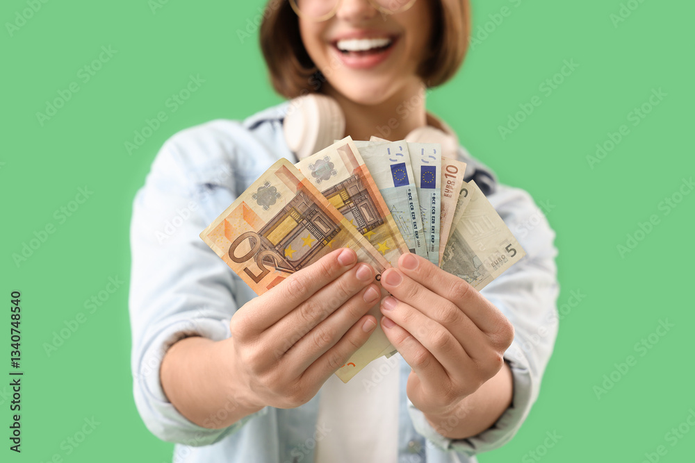 Young woman with euro banknotes on green background, closeup Young woman with euro banknotes on green background, closeup