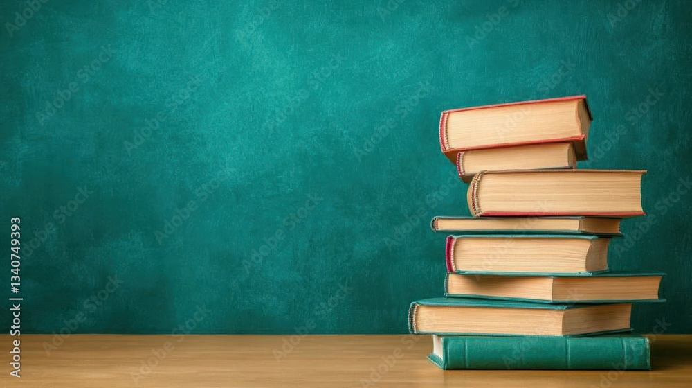 Stack of Books Against Teal Chalkboard Background Stack of Books Against Teal Chalkboard Background