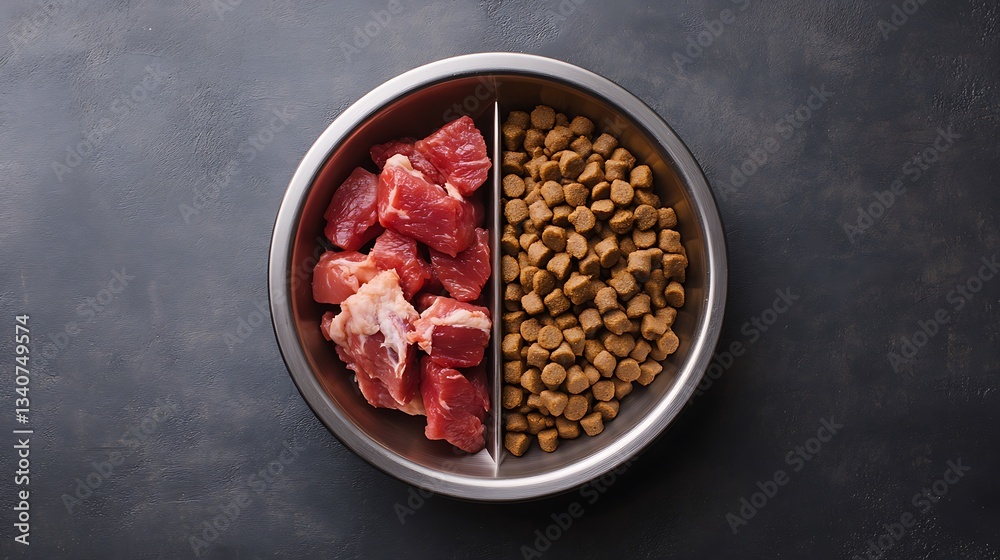 Raw meat and kibble in a divided pet bowl. (1) Raw meat and kibble in a divided pet bowl. (1)