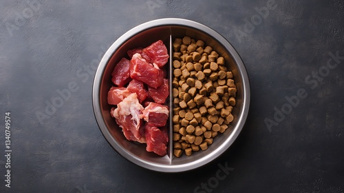 Raw meat and kibble in a divided pet bowl. (1)