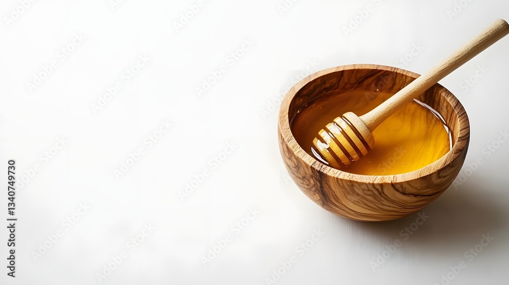 Fototapeta premium Golden honey in wooden bowl with dipper on white surface