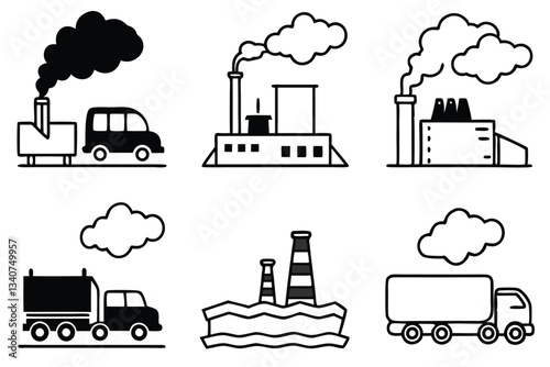 Pollution sources line art style for climate change infographics.eps
