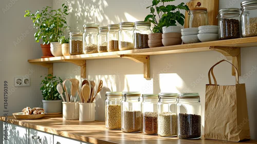 Bright and inviting kitchen with jars of grains, plants, and wooden implements arranged on shelves