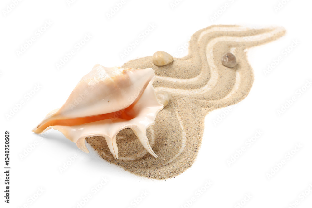 Composition with beautiful seashell, pebbles and sand on white background Composition with beautiful seashell, pebbles and sand on white background