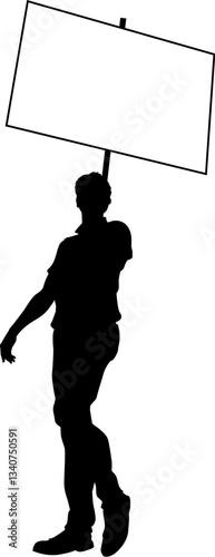 Protestor or demonstrator at a demonstration march, picket line or strike protest rally in silhouette. Holding up a banner or picket sign board placard.
