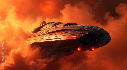 A high-resolution stock photo depicting a sleek starship brig emerging from cosmic dust. Soft, dreamy atmosphere is created through hazy, soft light, evoking a commercial, professional quality.  photo
