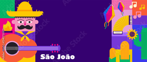 Festa junina poster with geometric pattern. Summer brazilian carnival banner with icons of music, lanterns, flowers, hats and flags. Geometric banner of june festival in Brazil, vector illustration