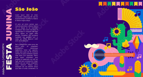 Festa junina poster with geometric pattern. Summer brazilian carnival banner with icons of music, lanterns, flowers, hats and flags. Geometric banner of june festival in Brazil, vector illustration
