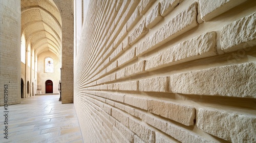 Old church wall with deeply grooved stone cladding, artistic and sacred atmosphere