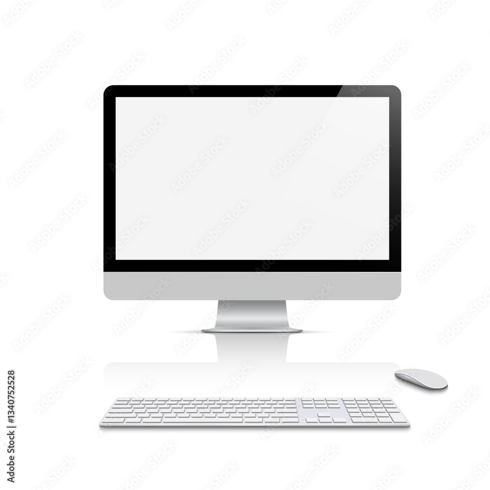 Realistic modern monitor front view with keyboard and mouse Realistic modern monitor front view with keyboard and mouse