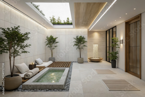 Zen backyard space in modern hotel spa and wellness center