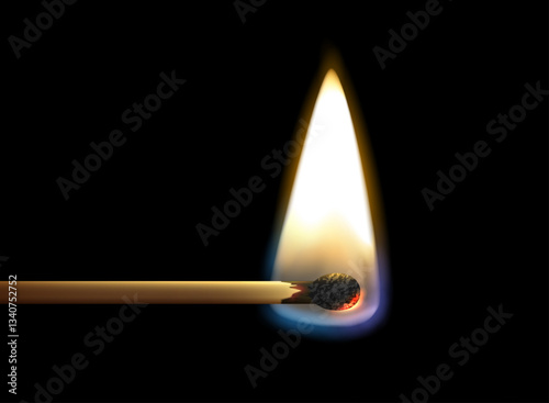 Realistic wooden match stick burning with fire flame