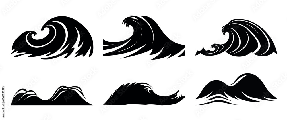 Obraz premium Stylized ocean wave silhouettes, isolated element set vector