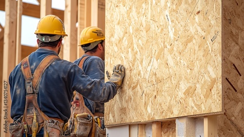 Two construction workers installing OSB sheathing on a new house frame.