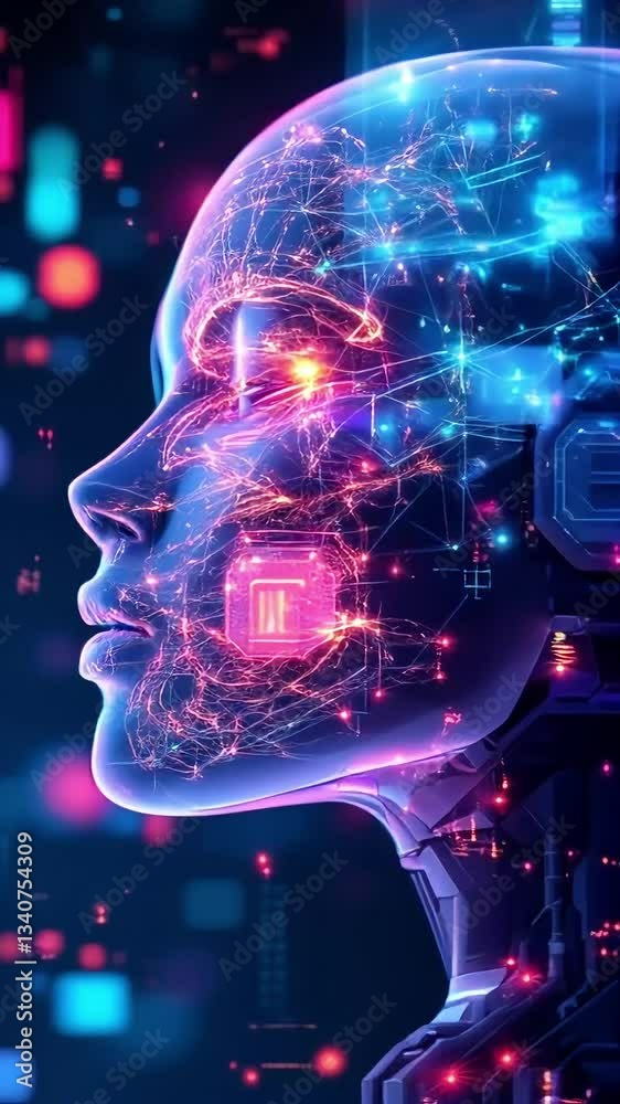 Profile of a Glowing Female Robot with Circuitry and Neon Lights