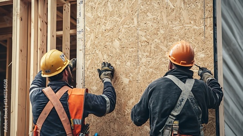 Two construction workers installing sheathing on a new home.