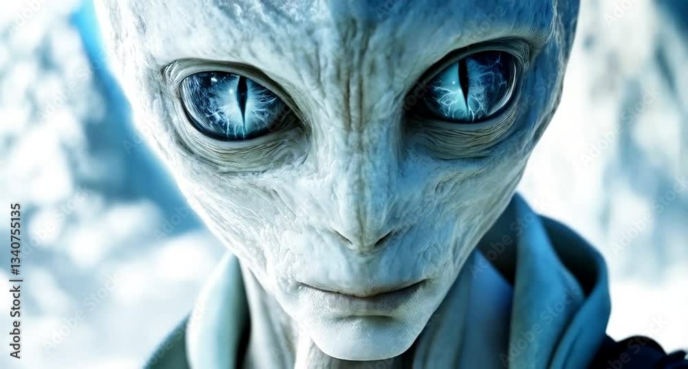 Mysterious alien encounter with captivating blue eyes in a surreal setting Mysterious alien encounter with captivating blue eyes in a surreal setting