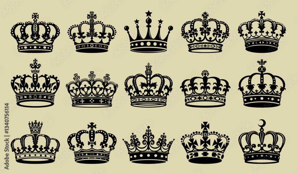Elegant black crowns illustration, isolated vector set Elegant black crowns illustration, isolated vector set