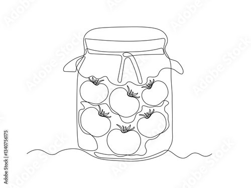 Abstract vegetable tomato, canned pickled salted tomatoes in jar. continuous single one line art hand drawing sketch logo