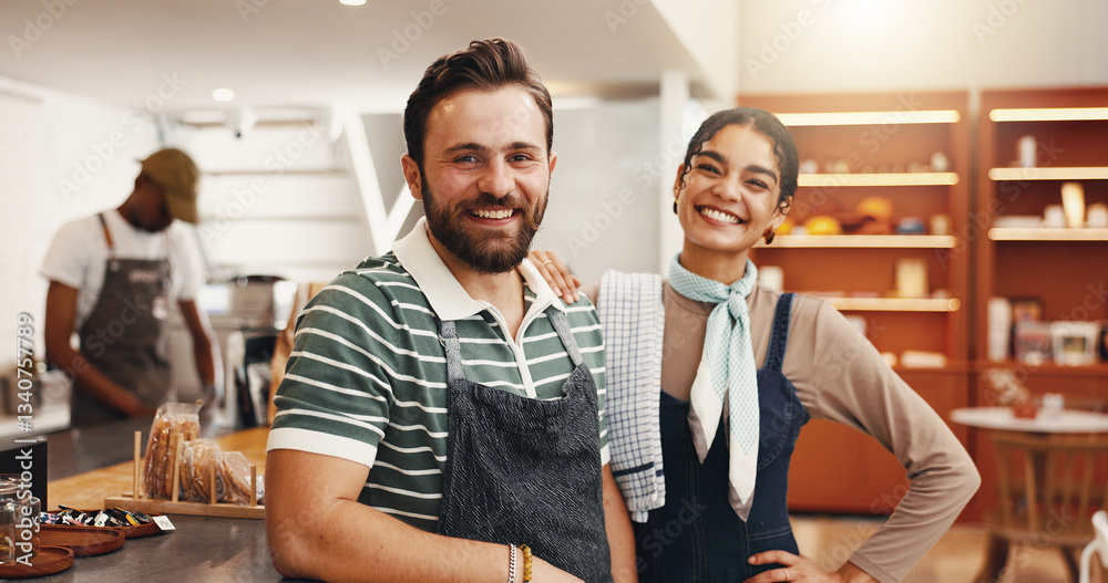 Obraz premium Portrait, entrepreneur and people in coffee shop, team and excited for new store or collaboration. Happy, woman and man with smile in small business, confident and career growth in cafe or restaurant