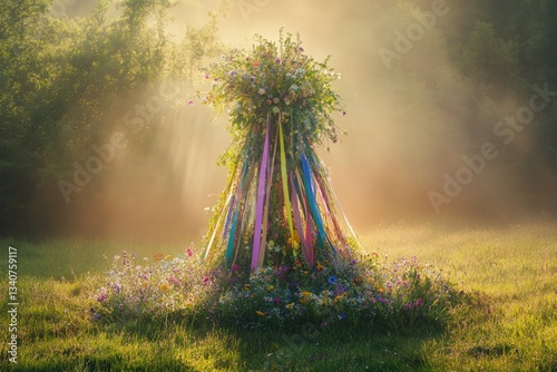 Serene early morning beltane celebration with floral maypole in golden sunlight