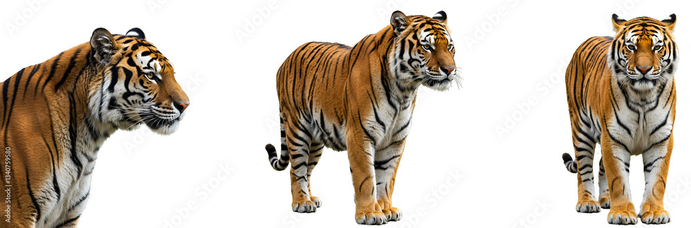 Fototapeta premium Three tigers posing in different positions on a white plain space transparent background