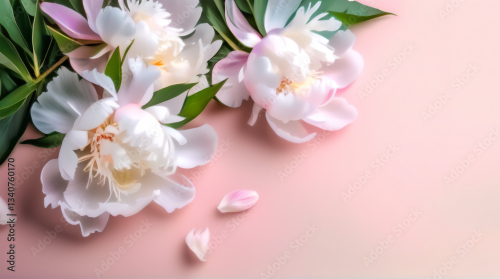 Beautiful white peony flowers and petals in flight against a light pink pastel background. Generate Ai Stock Illustration. Beautiful white peony flowers and petals in flight against a light pink pastel background. Generate Ai Stock Illustration.