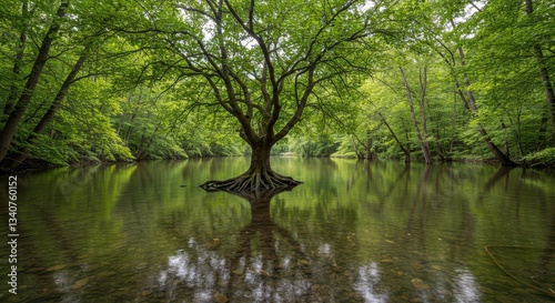 Tree Standing in Water with Forest Reflection and Green Leaves