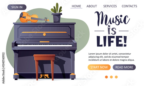Vector web template featuring a piano, violin, and plant on a light background for a music website or concert poster  