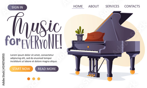 Elegant vector web template with a dark grand piano, plant, and text on a light background for a music website or school  