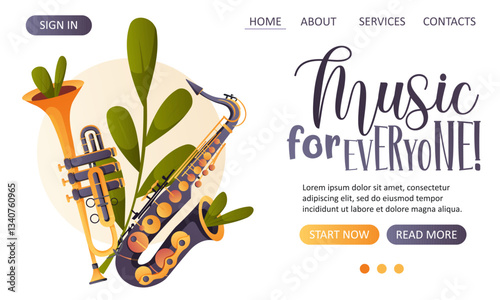 Bright vector web template featuring a saxophone, trumpet, and plants on a light background for a music website or festival  