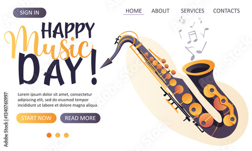 Vector web template featuring a large saxophone and musical notes on a light background for a music website, celebration, or festival  
