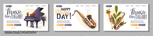 A set of three vector landing page web templates featuring a grand piano, saxophone, and trumpet for a music website or festival