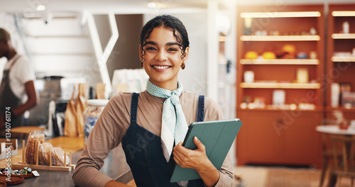 Bild auf Leinwand Tablet, smile and waitress with woman in cafe for inventory checklist, restaurant stock order and sales