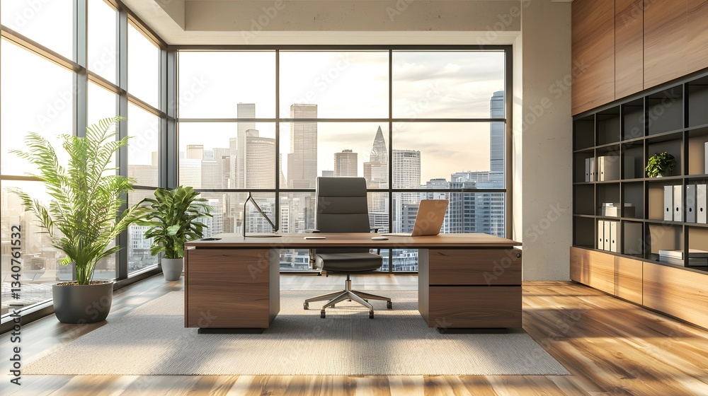 Fototapeta premium Modern Office with Skyline and Beige Walls