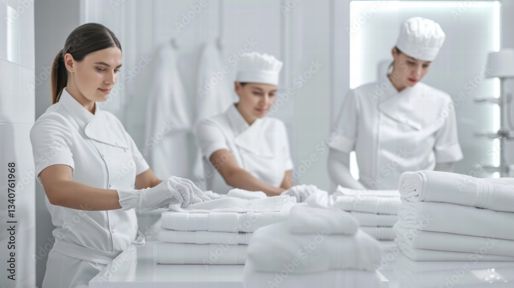 Obraz premium Hotel maids working in unison to maintain cleanliness and room preparation.