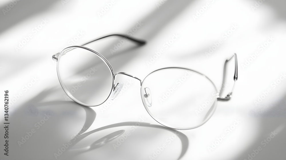 Round eyeglasses with silver frames resting on a white surface Round eyeglasses with silver frames resting on a white surface