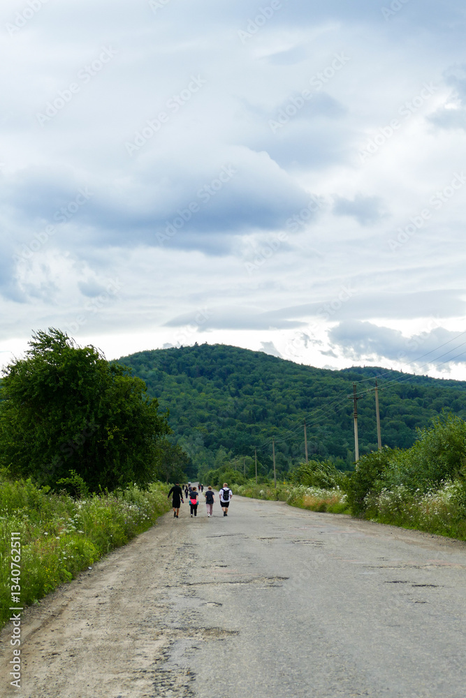 children, teenagers on a hike, wide road, forest, countryside, sleeping mats, backpacks, sports shoes, clothes, trees, mountains, walk, greenery, various herbs, summer, tourists, vacation, travel, chi children, teenagers on a hike, wide road, forest, countryside, sleeping mats, backpacks, sports shoes, clothes, trees, mountains, walk, greenery, various herbs, summer, tourists, vacation, travel, chi