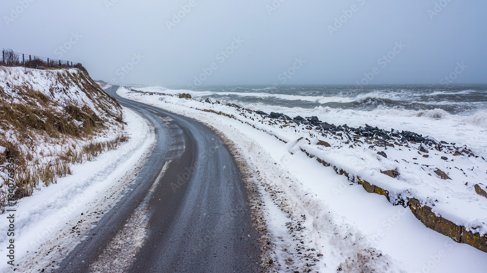 snowy coastal road curves alongside stormy sea, with waves crashing against rocky shore under gray, overcast sky snowy coastal road curves alongside stormy sea, with waves crashing against rocky shore under gray, overcast sky