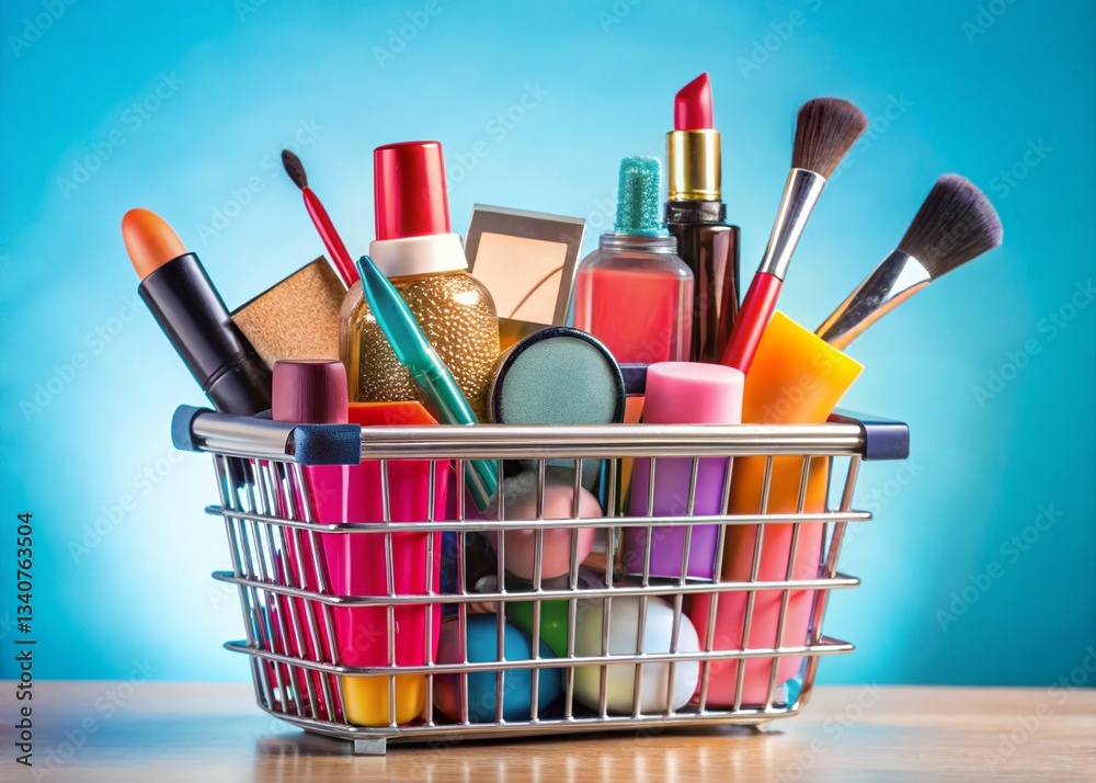 Fototapeta premium Shopping Basket Overflowing with Cosmetics & Beauty Products - Plenty of Copy Space