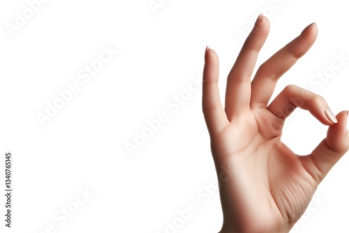 Woman's hand making ok gesture on white background.